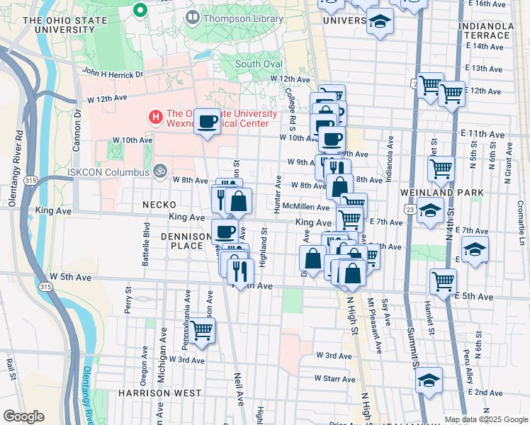 map of restaurants, bars, coffee shops, grocery stores, and more near in Columbus