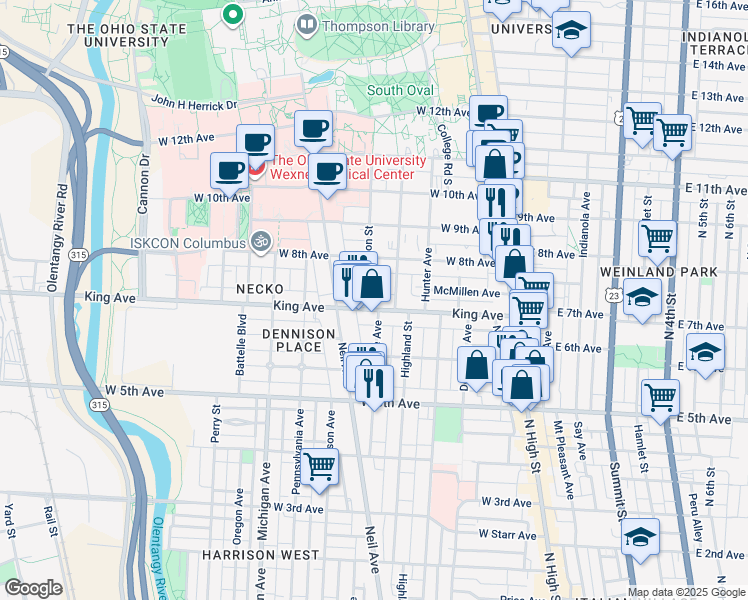 map of restaurants, bars, coffee shops, grocery stores, and more near 191 King Avenue in Columbus