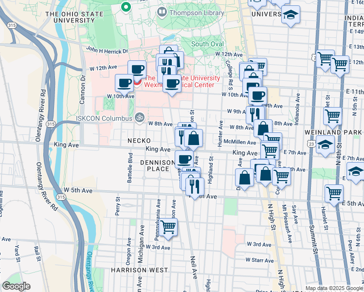 map of restaurants, bars, coffee shops, grocery stores, and more near in Columbus