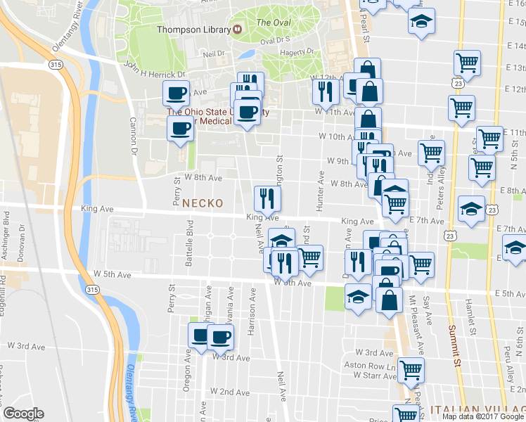 map of restaurants, bars, coffee shops, grocery stores, and more near in Columbus