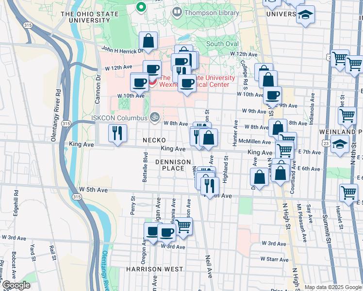 map of restaurants, bars, coffee shops, grocery stores, and more near 316 West 7th Avenue in Columbus