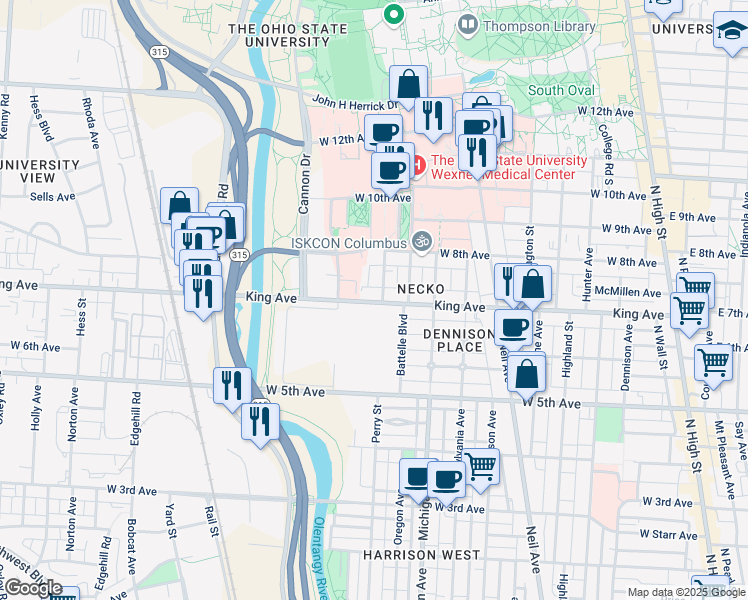 map of restaurants, bars, coffee shops, grocery stores, and more near 175 East 4th Avenue in Columbus