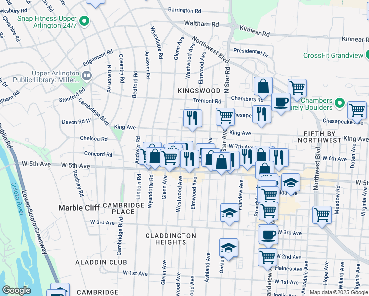 map of restaurants, bars, coffee shops, grocery stores, and more near 1619 Elmwood Avenue in Columbus