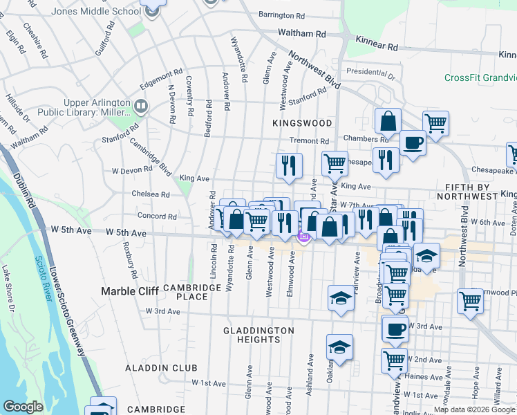 map of restaurants, bars, coffee shops, grocery stores, and more near 1628 Glenn Avenue in Columbus