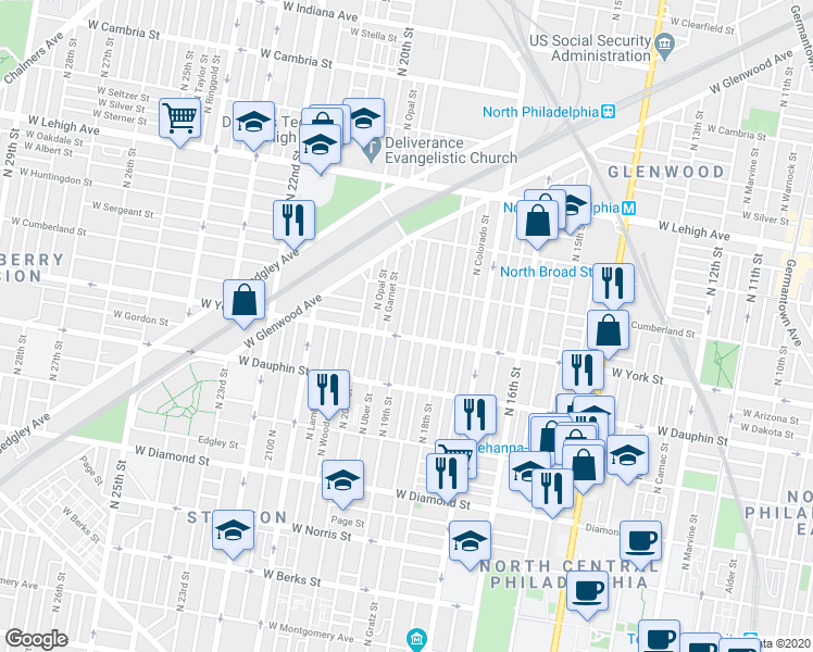 map of restaurants, bars, coffee shops, grocery stores, and more near 2413 North 19th Street in Philadelphia