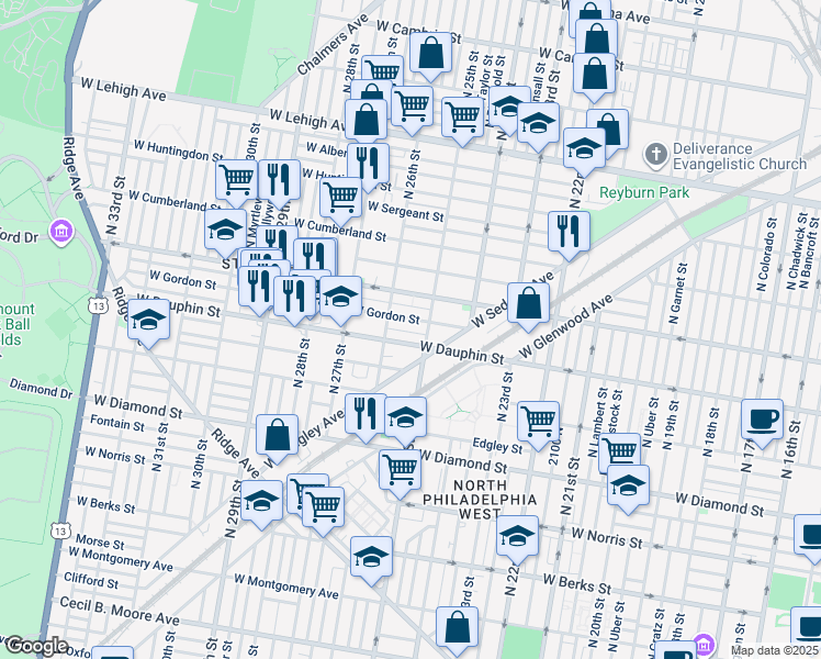 map of restaurants, bars, coffee shops, grocery stores, and more near 2523 West Dakota Street in Philadelphia