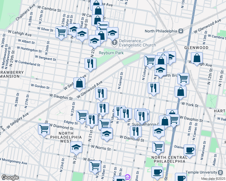 map of restaurants, bars, coffee shops, grocery stores, and more near 2403 North 20th Street in Philadelphia