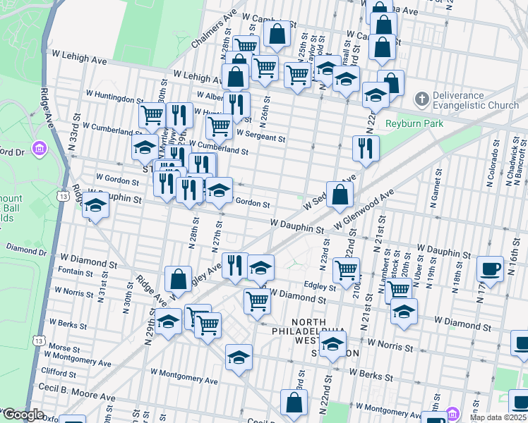 map of restaurants, bars, coffee shops, grocery stores, and more near 2523 West Dakota Street in Philadelphia