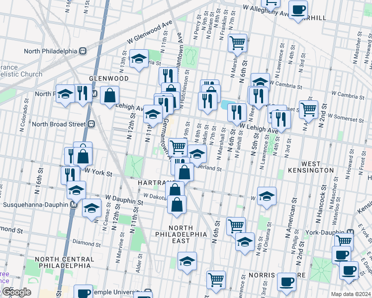 map of restaurants, bars, coffee shops, grocery stores, and more near 2541 North 9th Street in Philadelphia