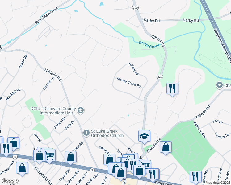 map of restaurants, bars, coffee shops, grocery stores, and more near 2736 South Kent Road in Broomall