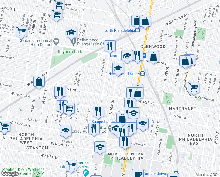 map of restaurants, bars, coffee shops, grocery stores, and more near 2430 North Bancroft Street in Philadelphia