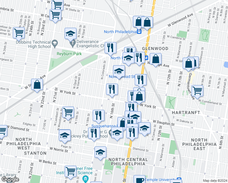 map of restaurants, bars, coffee shops, grocery stores, and more near 2438 North 16th Street in Philadelphia