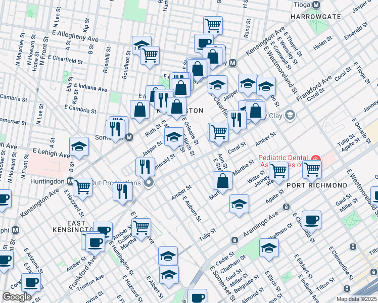 map of restaurants, bars, coffee shops, grocery stores, and more near 2014 East Birch Street in Philadelphia