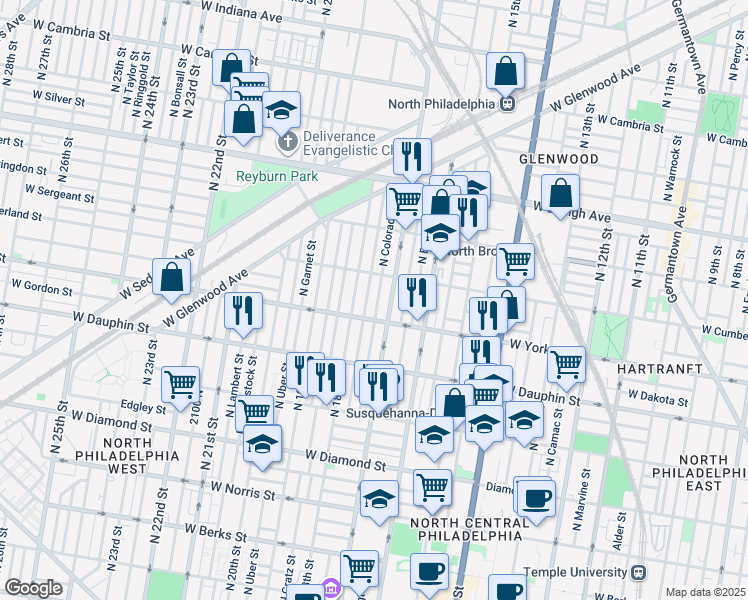 map of restaurants, bars, coffee shops, grocery stores, and more near 2426 North Colorado Street in Philadelphia