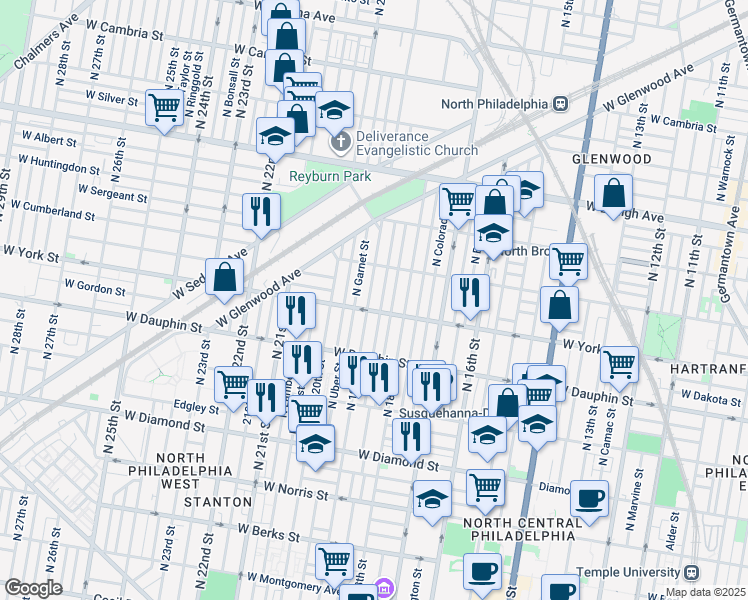 map of restaurants, bars, coffee shops, grocery stores, and more near 2413 North 19th Street in Philadelphia