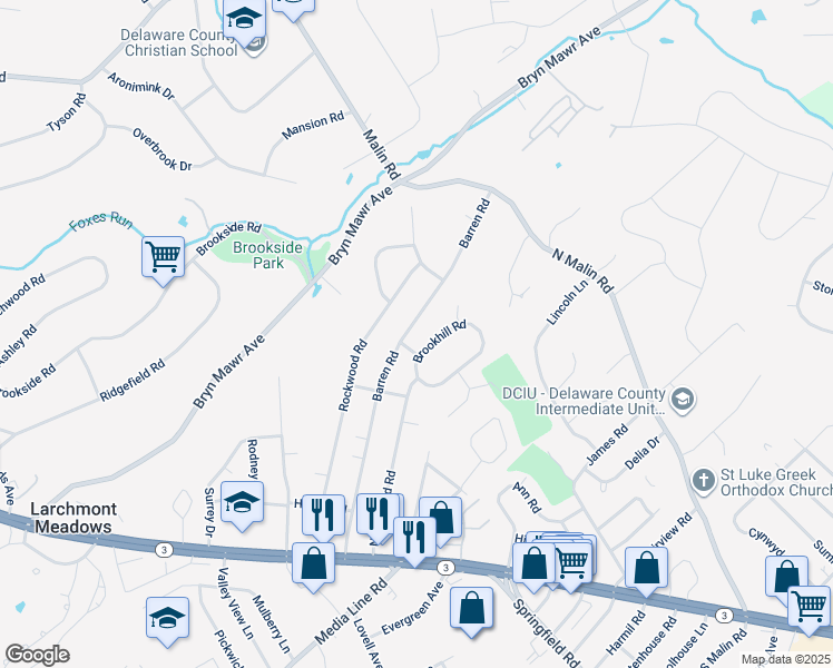 map of restaurants, bars, coffee shops, grocery stores, and more near 123 Barren Road in Newtown Square