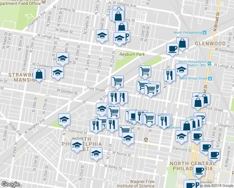 map of restaurants, bars, coffee shops, grocery stores, and more near 2358 North 21st Street in Philadelphia