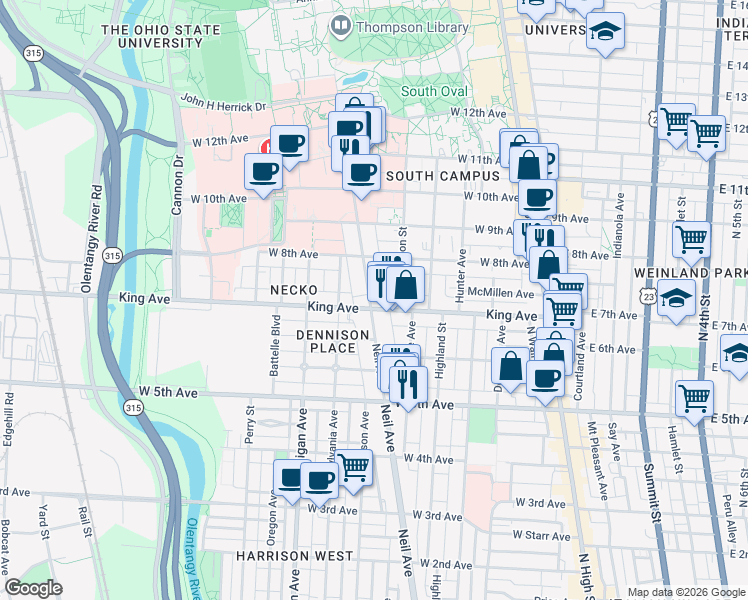 map of restaurants, bars, coffee shops, grocery stores, and more near 1436 Neil Avenue in Columbus