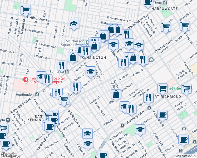 map of restaurants, bars, coffee shops, grocery stores, and more near 2014 East Birch Street in Philadelphia