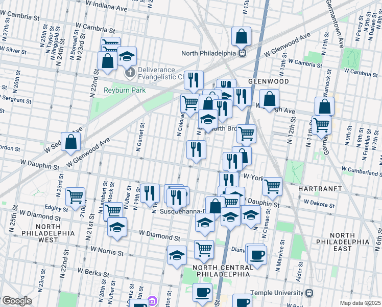 map of restaurants, bars, coffee shops, grocery stores, and more near 2441 North Chadwick Street in Philadelphia