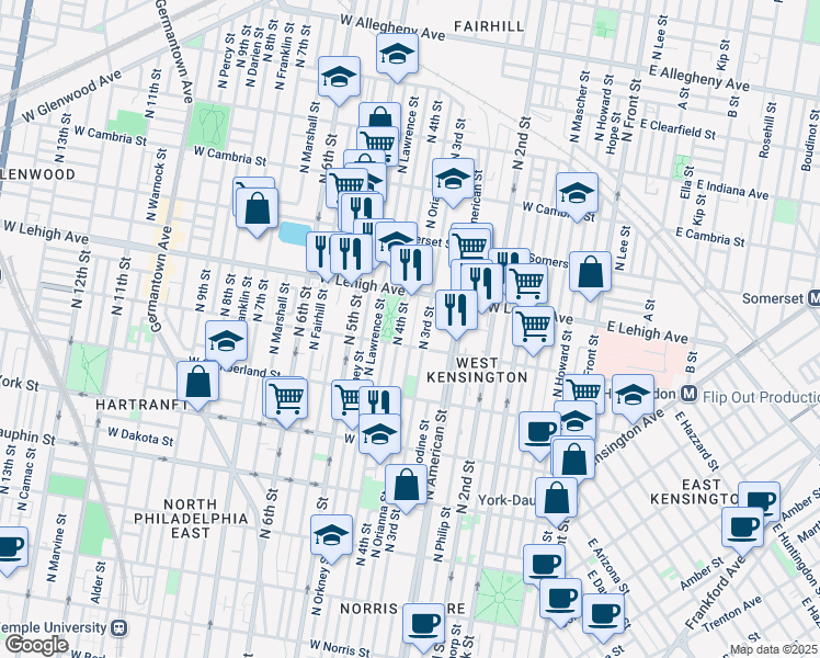 map of restaurants, bars, coffee shops, grocery stores, and more near 2616 North Orianna Street in Philadelphia