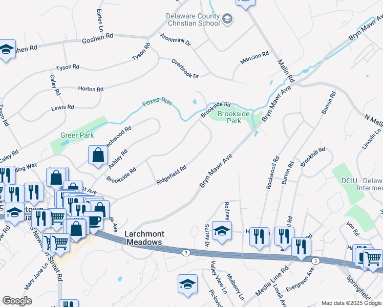 map of restaurants, bars, coffee shops, grocery stores, and more near 148 Ridgefield Road in Newtown Square