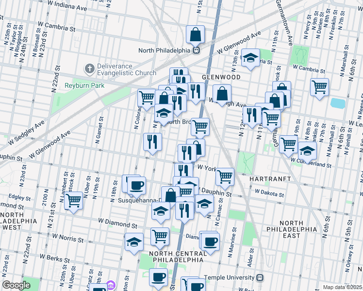 map of restaurants, bars, coffee shops, grocery stores, and more near 1431 West Letterly Street in Philadelphia