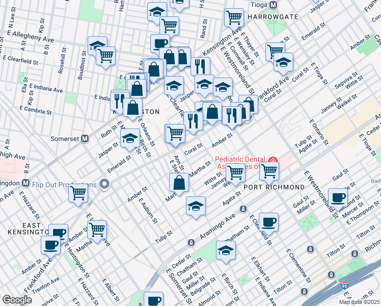 map of restaurants, bars, coffee shops, grocery stores, and more near 3037 Coral St in Philadelphia
