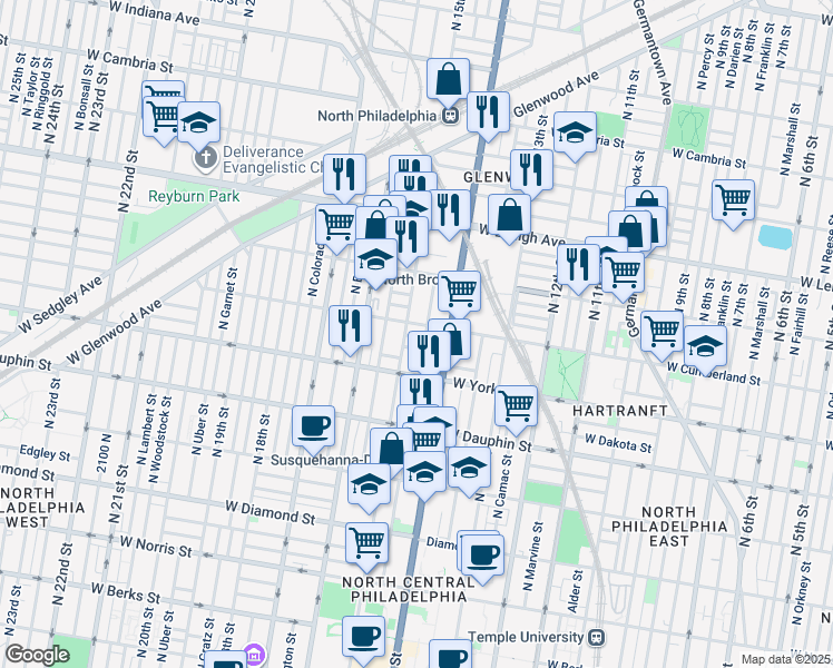 map of restaurants, bars, coffee shops, grocery stores, and more near 1431 West Letterly Street in Philadelphia