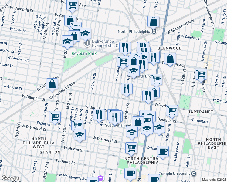 map of restaurants, bars, coffee shops, grocery stores, and more near 2428 North Colorado Street in Philadelphia