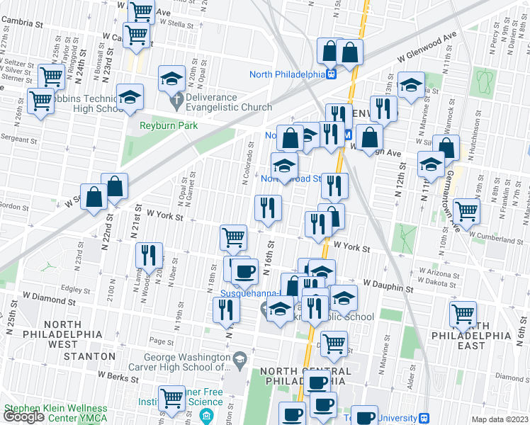 map of restaurants, bars, coffee shops, grocery stores, and more near 2432 North Bancroft Street in Philadelphia