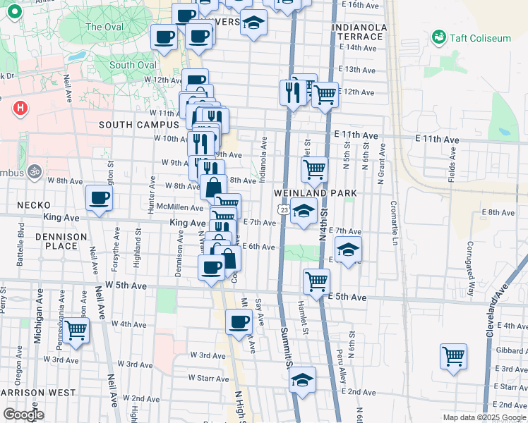 map of restaurants, bars, coffee shops, grocery stores, and more near 1376 Indianola Avenue in Columbus