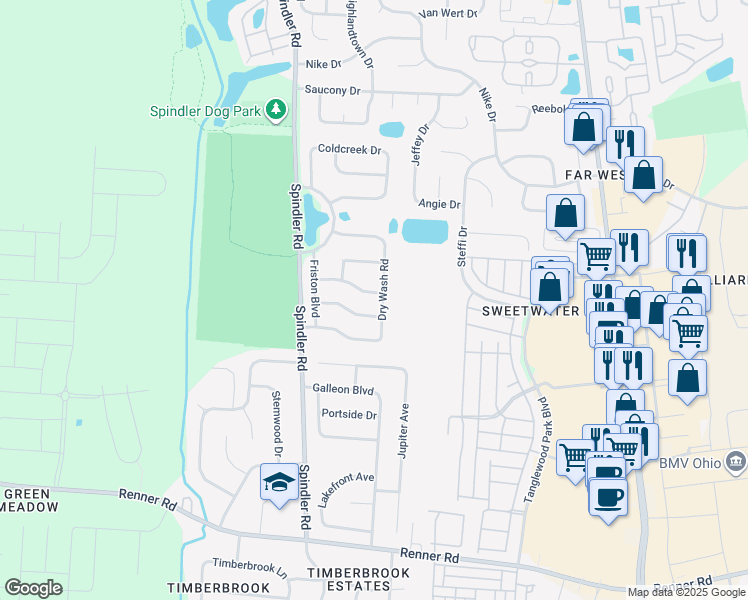 map of restaurants, bars, coffee shops, grocery stores, and more near 1968 Dry Wash Road in Hilliard