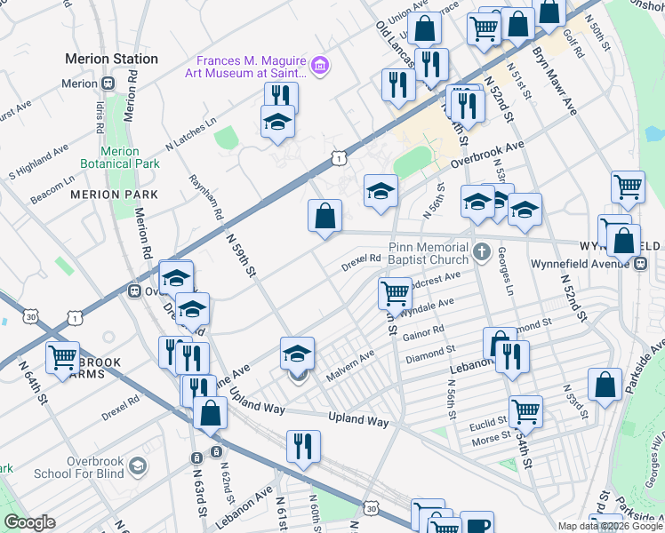 map of restaurants, bars, coffee shops, grocery stores, and more near 5700 Drexel Road in Philadelphia