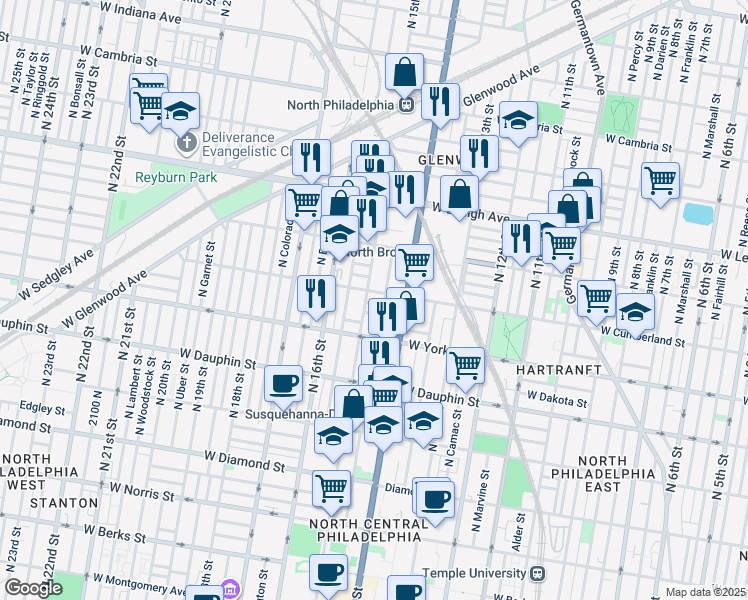 map of restaurants, bars, coffee shops, grocery stores, and more near 1435 West Letterly Street in Philadelphia