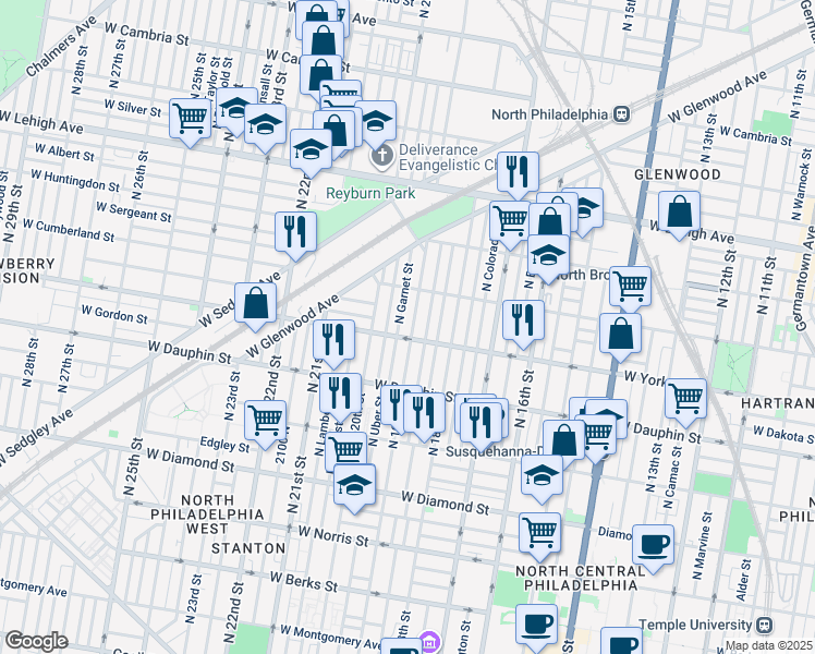 map of restaurants, bars, coffee shops, grocery stores, and more near 2412 North 19th Street in Philadelphia