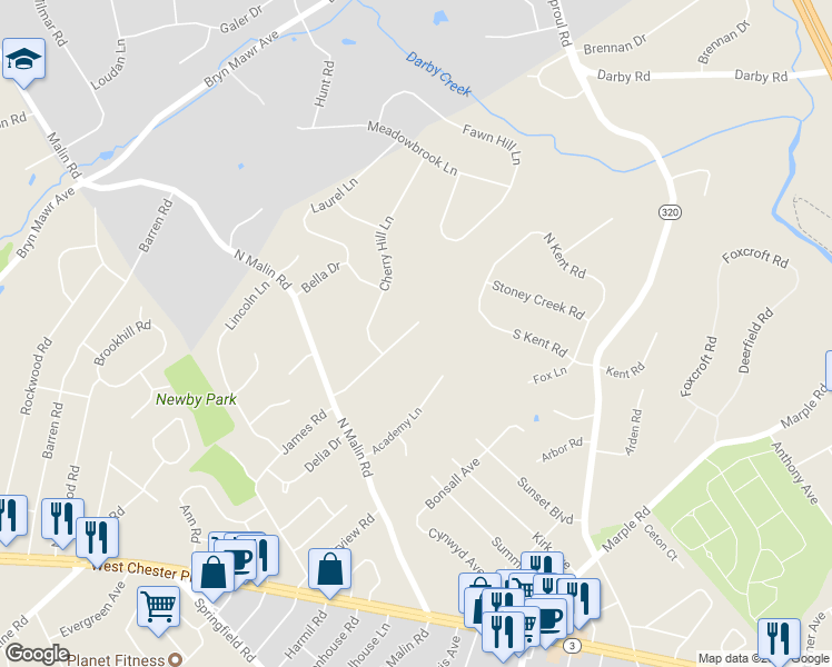 map of restaurants, bars, coffee shops, grocery stores, and more near 209 James Road in Broomall