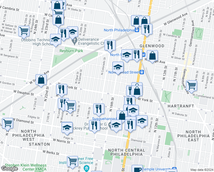 map of restaurants, bars, coffee shops, grocery stores, and more near 2440 North Chadwick Street in Philadelphia
