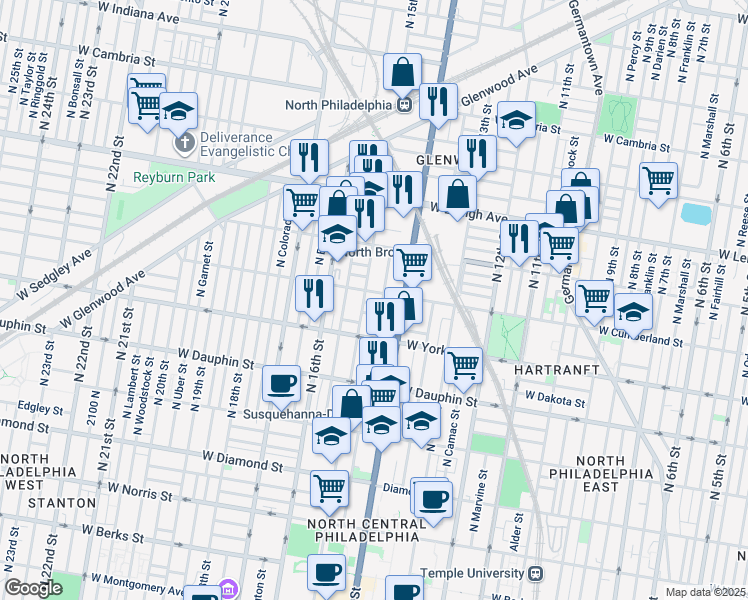 map of restaurants, bars, coffee shops, grocery stores, and more near 1435 West Letterly Street in Philadelphia