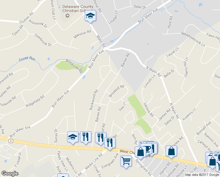 map of restaurants, bars, coffee shops, grocery stores, and more near 123 Barren Road in Newtown Square