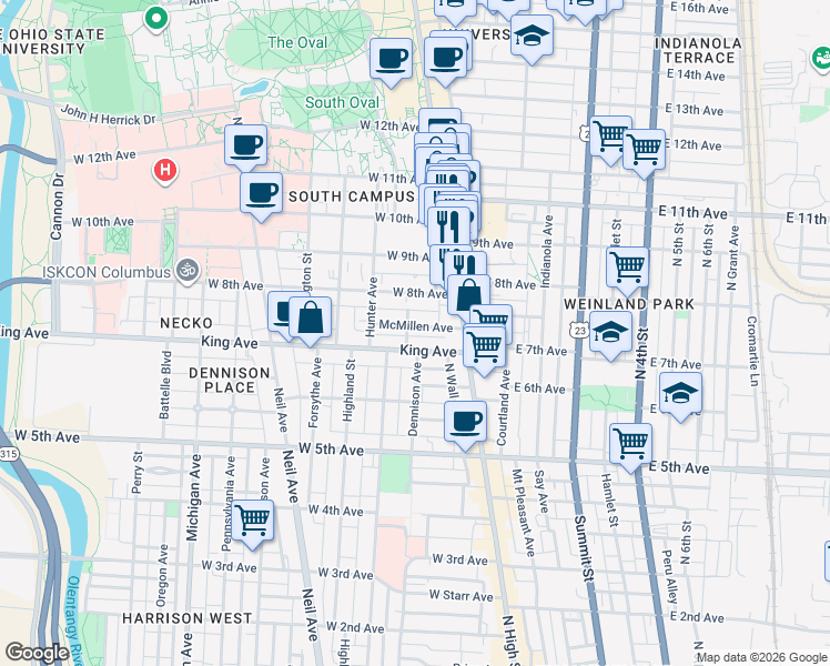 map of restaurants, bars, coffee shops, grocery stores, and more near 63 McMillen Avenue in Columbus