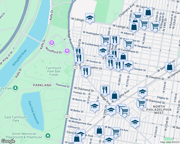 map of restaurants, bars, coffee shops, grocery stores, and more near 2301 North 32nd Street in Philadelphia