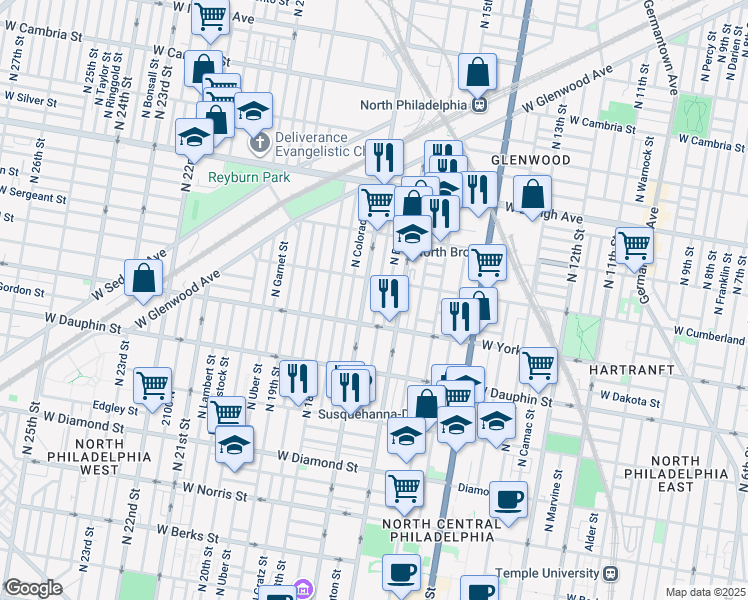 map of restaurants, bars, coffee shops, grocery stores, and more near 2440 North Chadwick Street in Philadelphia