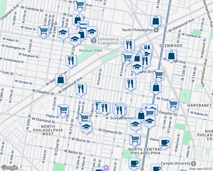 map of restaurants, bars, coffee shops, grocery stores, and more near 2421 North Gratz Street in Philadelphia