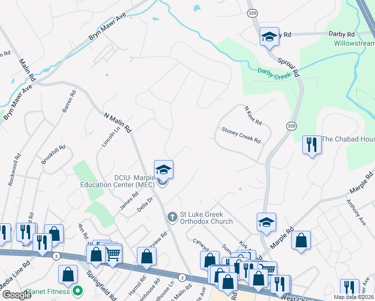 map of restaurants, bars, coffee shops, grocery stores, and more near 112 Cherry Hill Lane in Broomall
