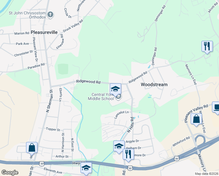 map of restaurants, bars, coffee shops, grocery stores, and more near 1553 Ridgewood Road in York