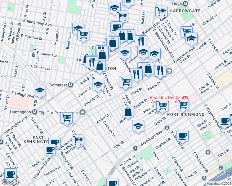 map of restaurants, bars, coffee shops, grocery stores, and more near 2035 East Orleans Street in Philadelphia