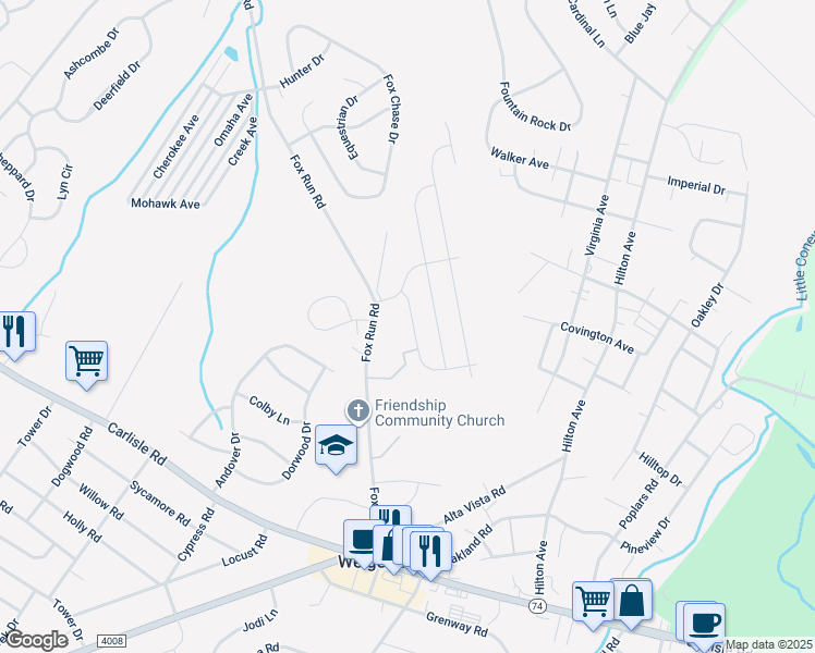 map of restaurants, bars, coffee shops, grocery stores, and more near 3200 Pebble Run Drive in Dover