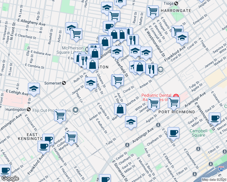 map of restaurants, bars, coffee shops, grocery stores, and more near 2017 East Stella Street in Philadelphia