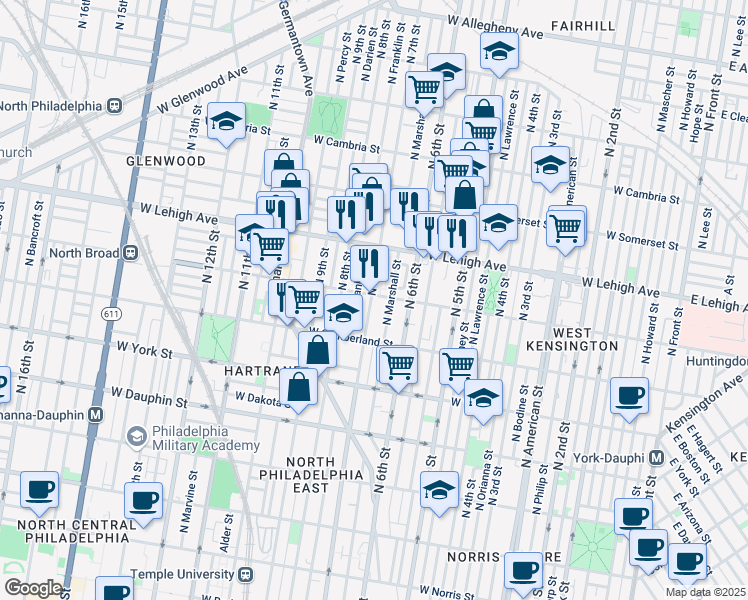 map of restaurants, bars, coffee shops, grocery stores, and more near 2619 North 7th Street in Philadelphia